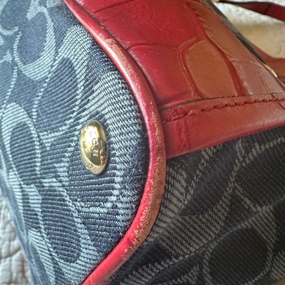 COACH Mickie Satchel in blue denim jacquard with red trim. - Picture 5 of 12